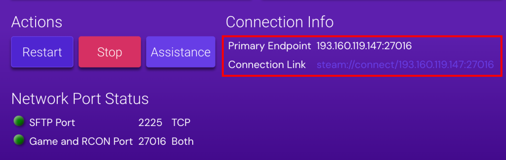 Hostinger's Game Panel with CS2 instance connection info