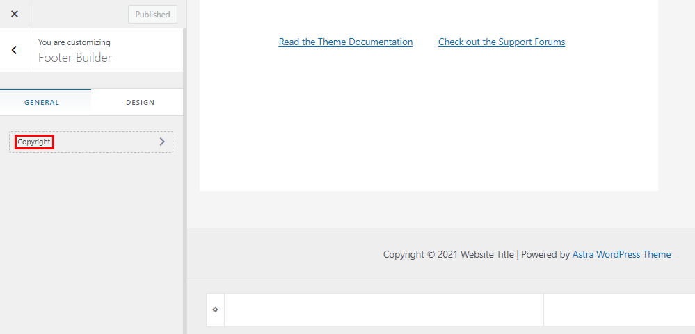 Astra theme copyright remove option in the footer.
