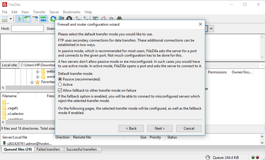 This image shows you how to change the firewall and setup wizard in FileZilla