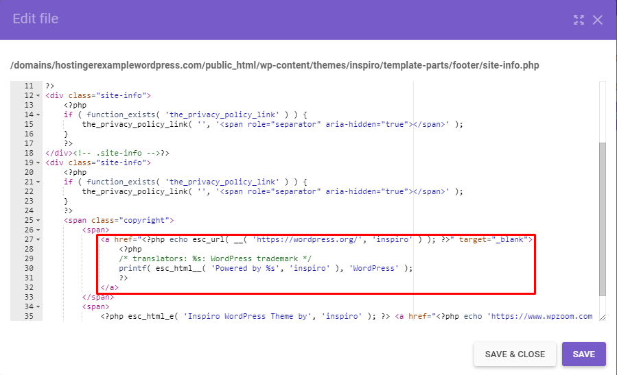 An example of the "powered by WordPress" code in the site-info.php editor.