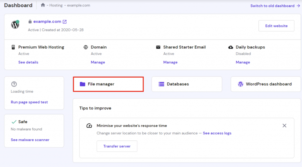 hPanel Dashboard with File Manager button highlighted 