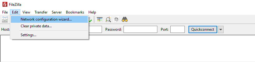 This image shows you how to find the network configuration wizard in FileZilla