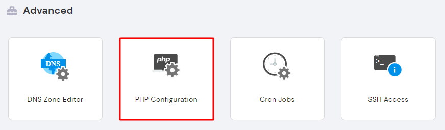 The PHP configuration button in the Advanced section in hPanel