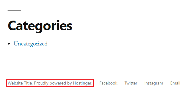Proudly powered by Hostinger footer example in a WordPress page.