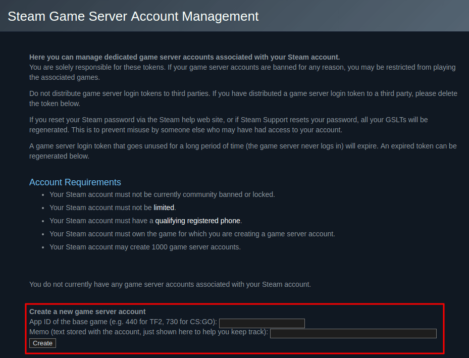 Using the Steam game server account management page