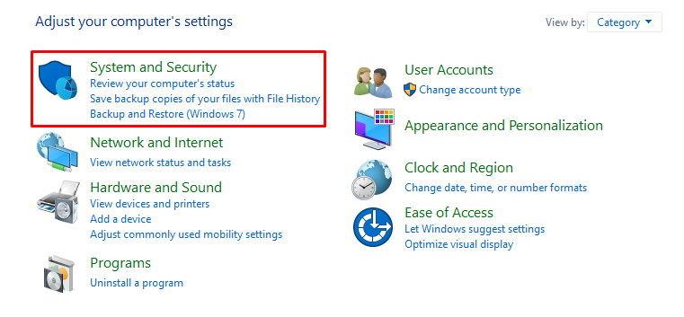 This image shows you system and security in Windows.