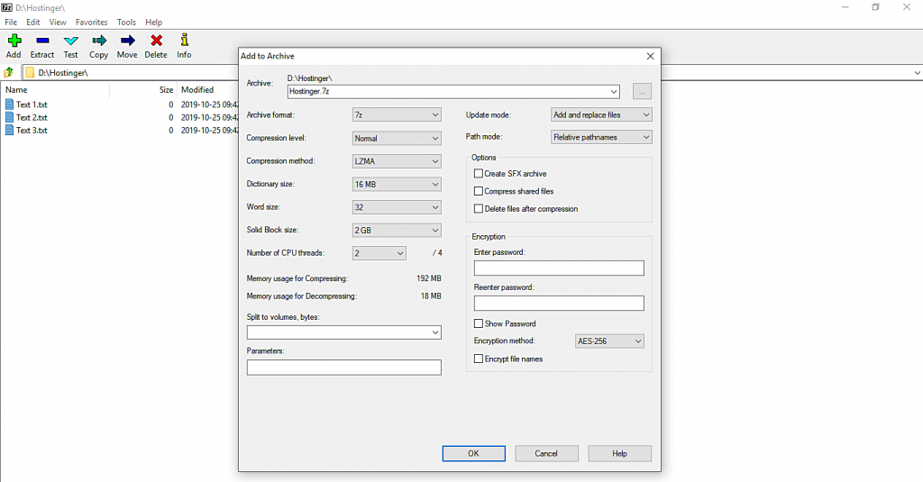 This image shows you the Add to Archive window where you get to choose how you want to compress your files. In short, this image explains how to use 7-Zip to compress files.