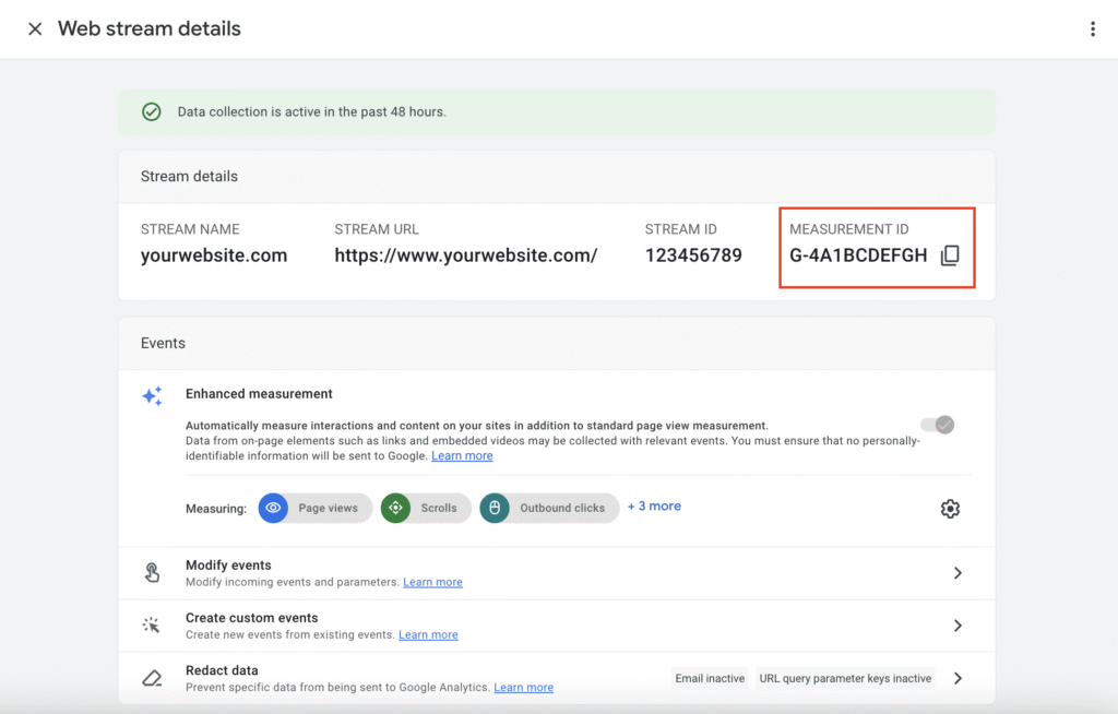 Google Analytics Measurement ID on the Web stream details page