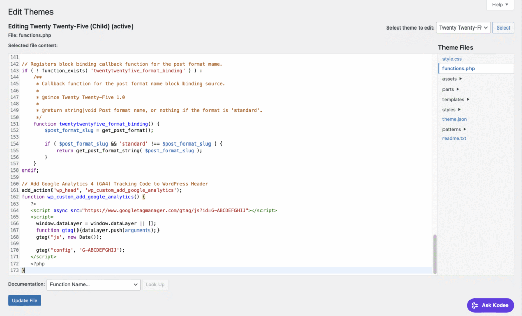 The Google Analytics script in a functions.php WordPress file