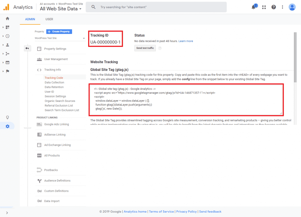 Google Analytics Tracking Code page where the user can access their tracking ID and tracking code. The tracking code will be used to add Google Analytics to WordPress site.