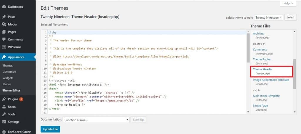 WordPress Theme Editor page. The header.php file can be found on the right column.