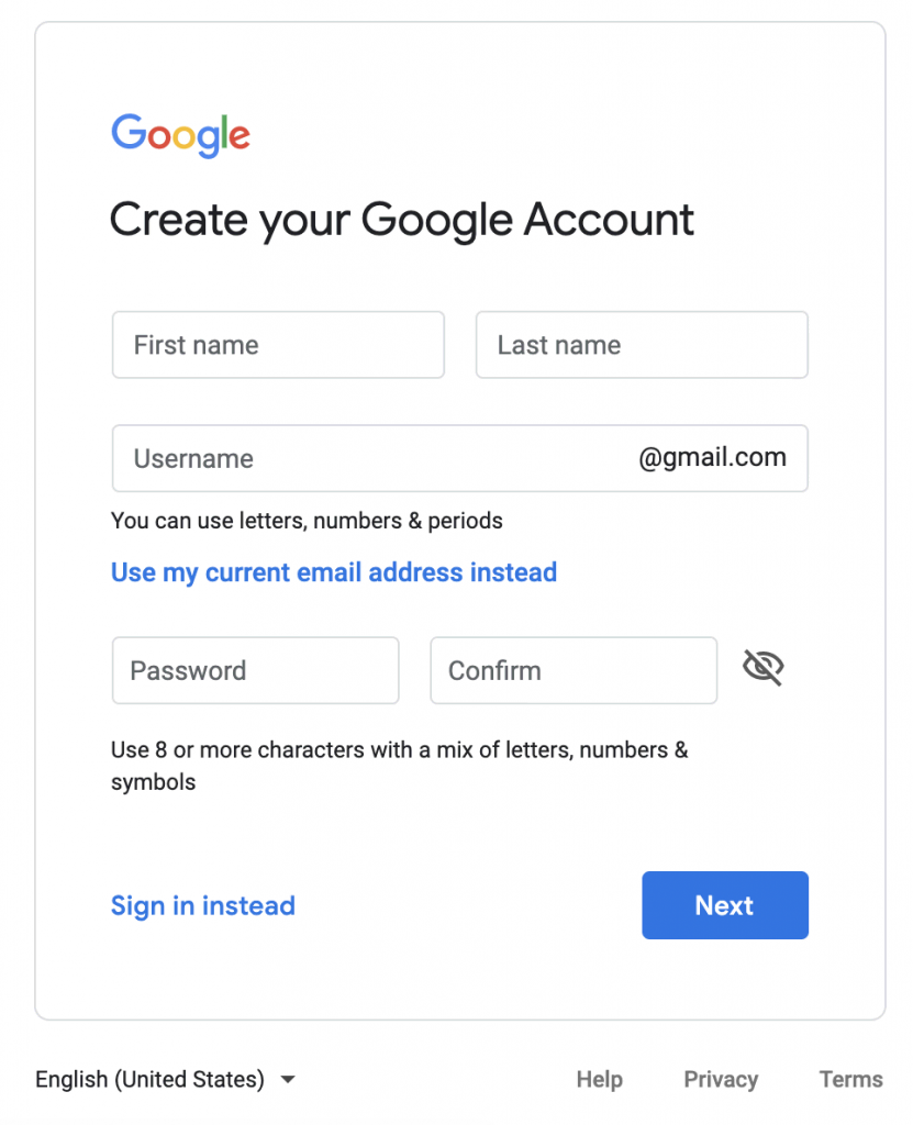 Register for a Google account