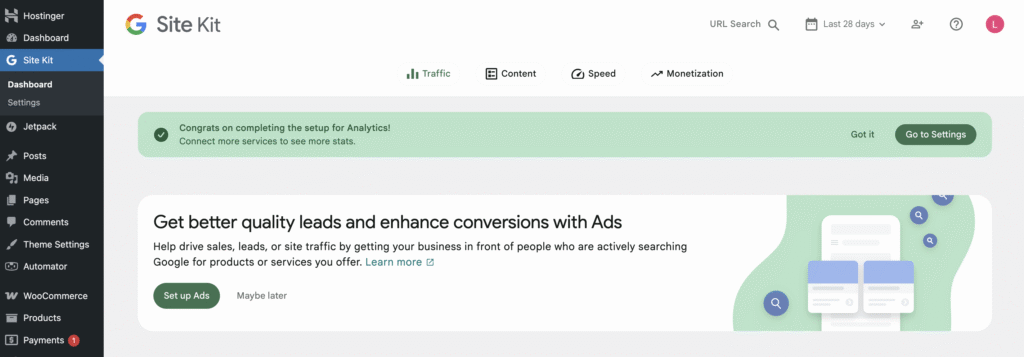Google Site Kit menu on a WordPress dashboard