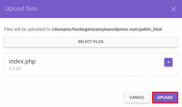 The "Upload" button in hPanel's Upload files window