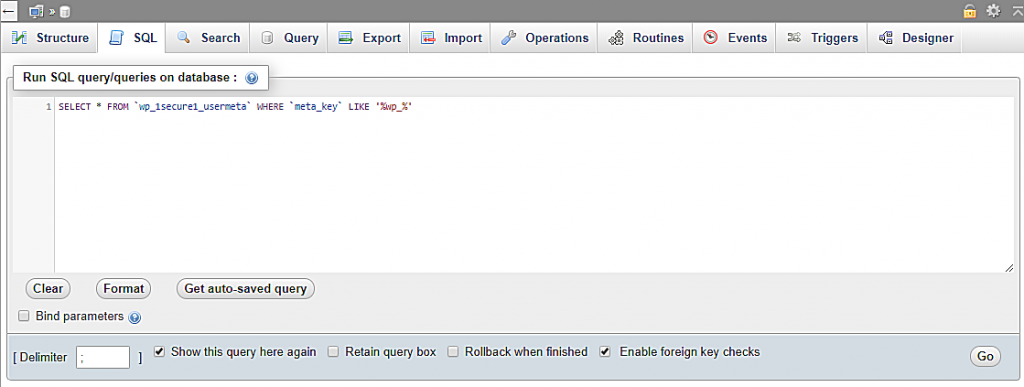 Inputing and executing a query to filter all values that contain wp_ prefix.