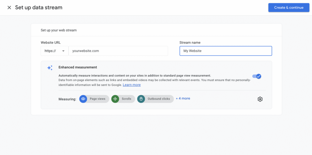 The set up data stream page on Google Analytics 4