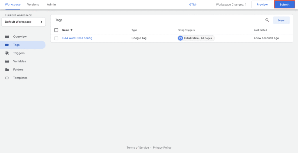 The Submit button in Google Tag Manager