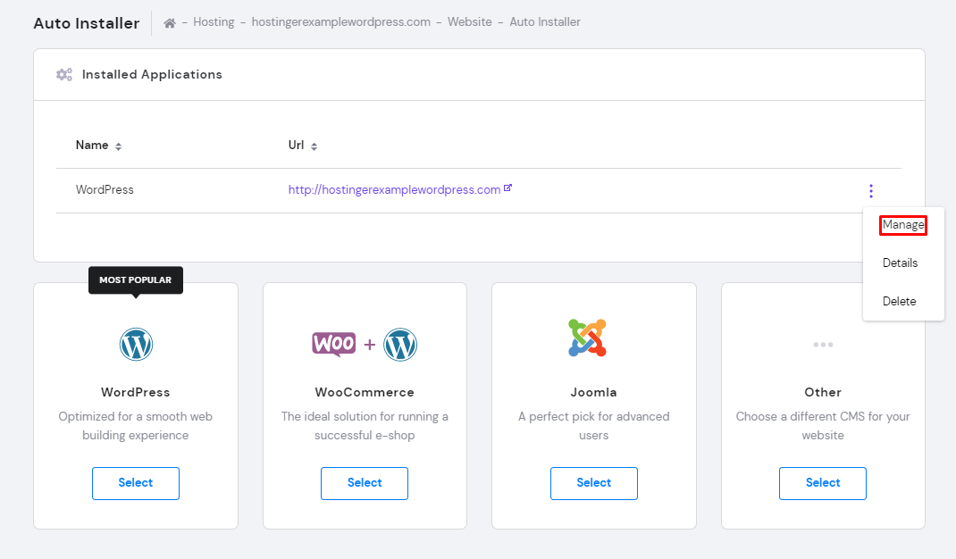 Screenshot of the WordPress manage button in hPanel