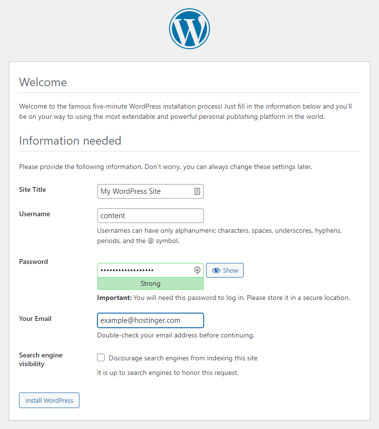 Screenshot of the WordPress website installation form