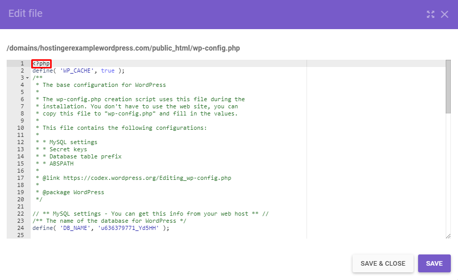 Screenshot of the wp-config file's code
