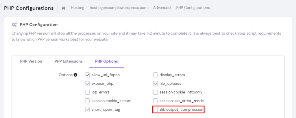 Screenshot of the zlib output compression button