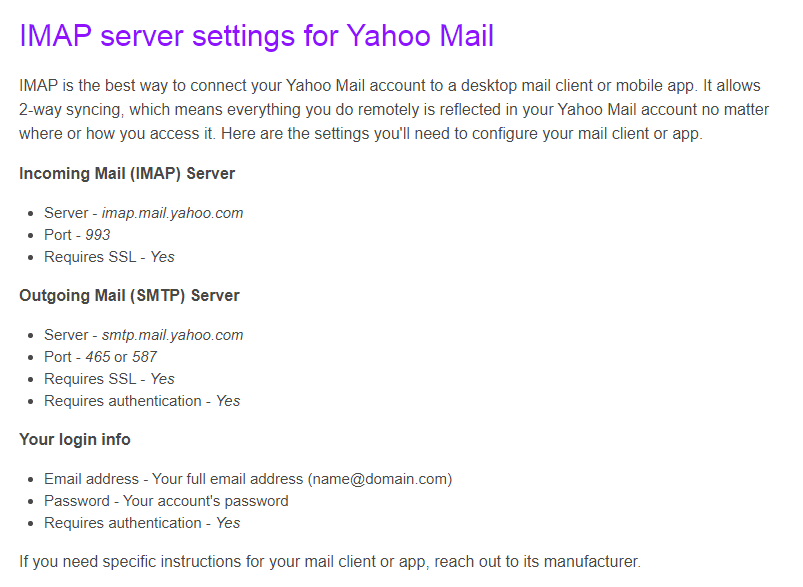 Pengaturan server IMAP untuk Yahoo Mail
