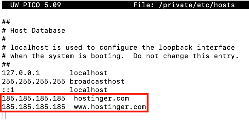 Mac's hosts file contents with custom IPs added for the Hostinger.com domain. The red border indicates new mapping values with corresponding IPs
