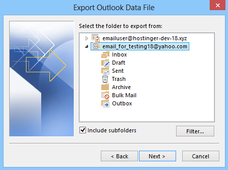Selecting an email account to export in Microsoft Outlook