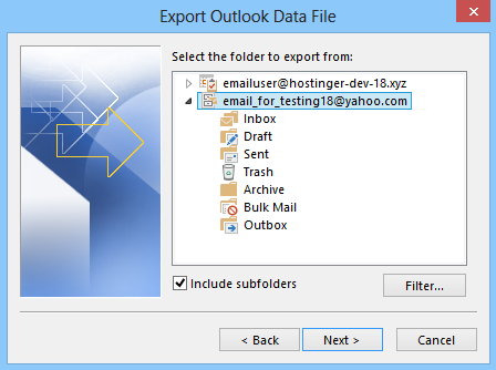 Memilih akun email untuk diekspor di Microsoft Outlook