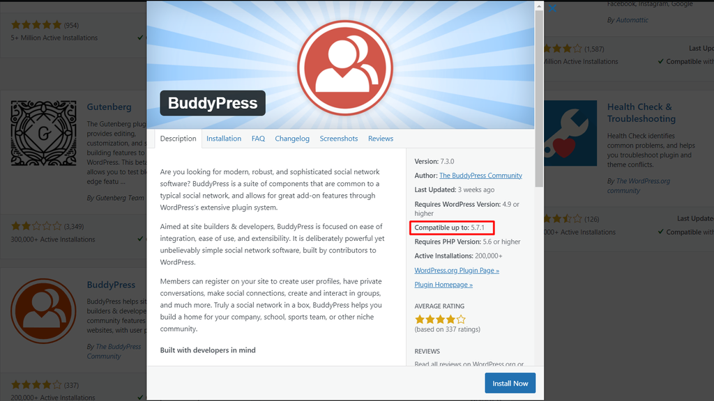 Screenshot of the BudyPress plugin's version compatibility