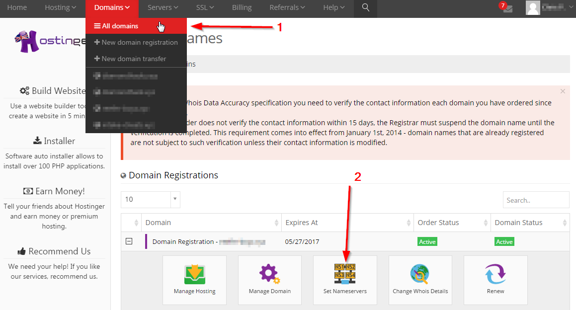 alterar nameservers no painel da hostinger