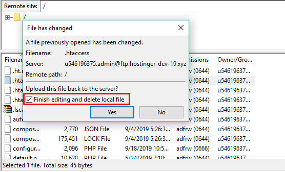 Confirming the changes done to the .htaccess file in FileZilla