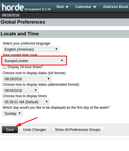 Time Zone settings -> Save