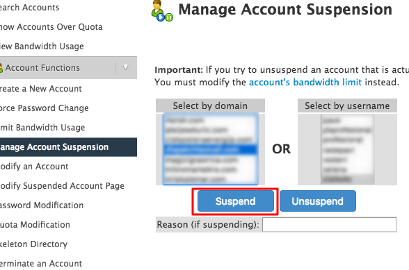 Suspending an account in WHM