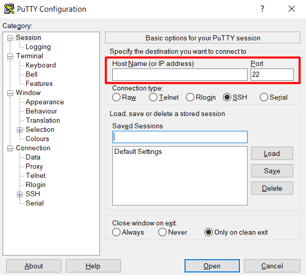 The fields in PuTTY where you need to enter your server's IP address and port