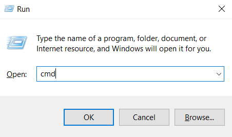 The Run application to open command prompt on Windows
