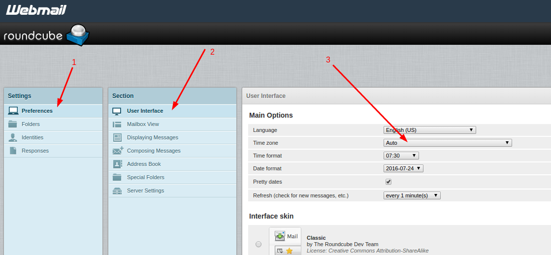 Roundcube -> Settings Window -> Time Zone settings