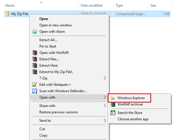 Mở file zip bằng Windows Explorer