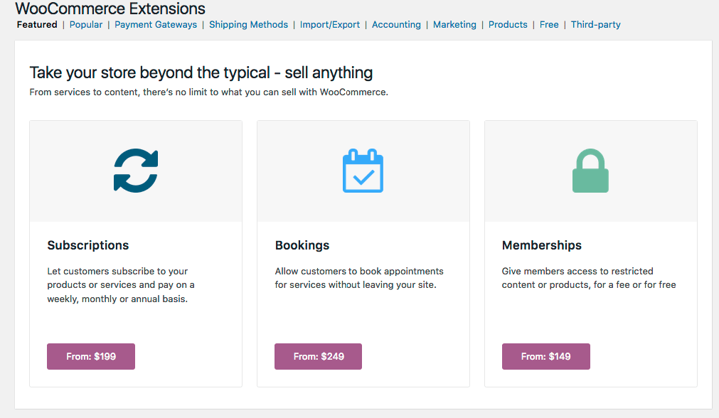 WooCommerce Extensions Page