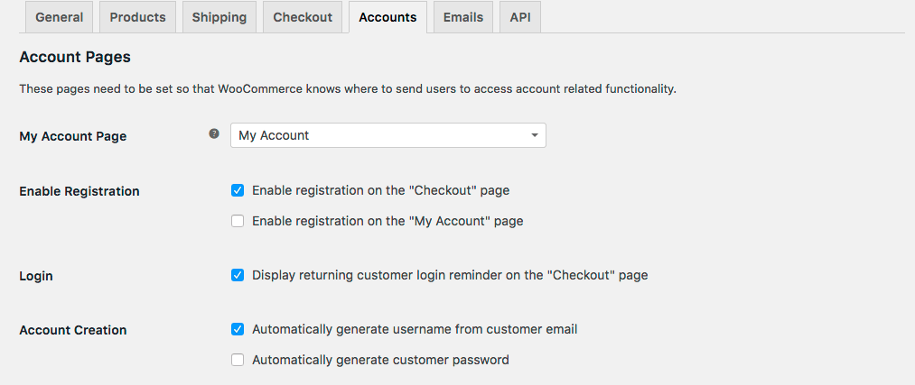 WooCommerce Settings Accounts Tab