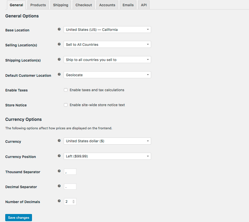 WooCommerce Settings General Tab