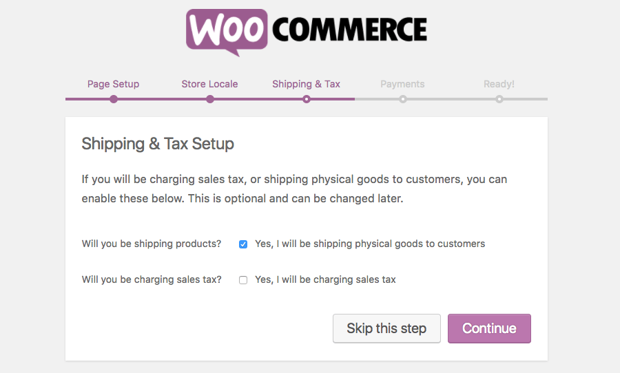 Shipping and Tax settings page for Woocommerce