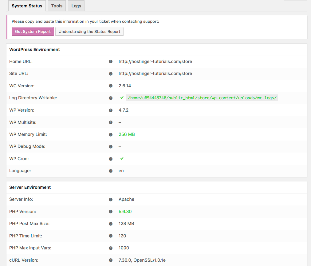 WooCommerce System Status Page