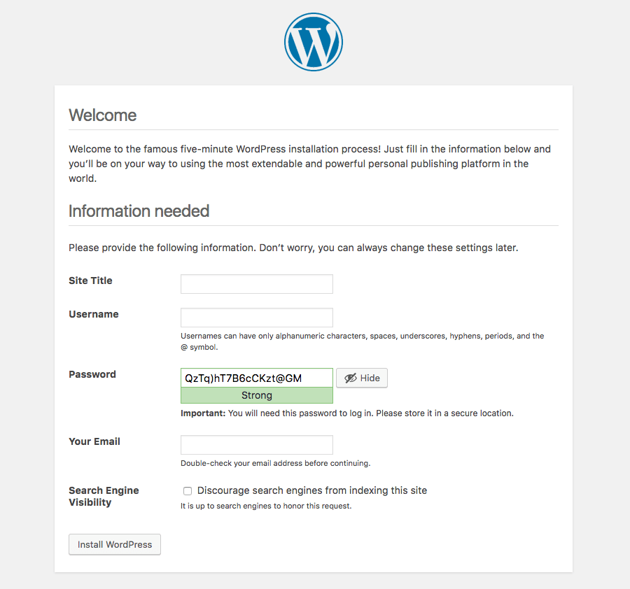 WordPress Installation Form Enter Site Details
