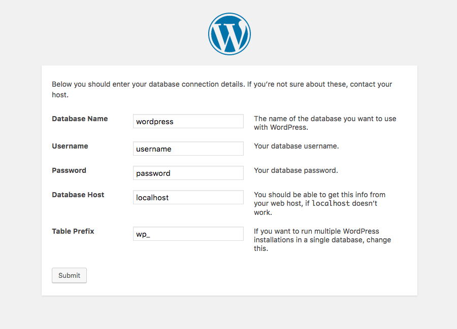 formulário de instalação wordpress