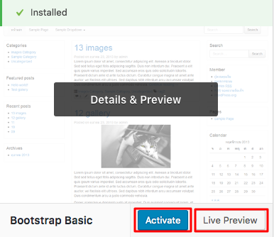 WordPress Theme Activate and Live Preview