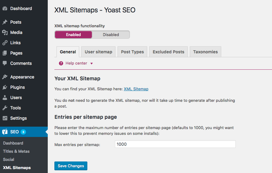Yoast SEO XML Sitemaps Section
