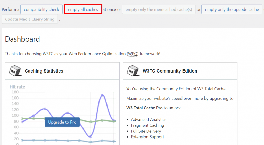 The empty all caches button in the W3 Total Cache Dashboard page
