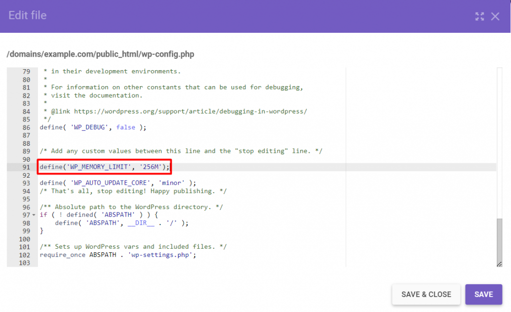 The contents of the wp-config.php file with the define('WP_MEMORY_LIMIT', '256M') code snippet added
