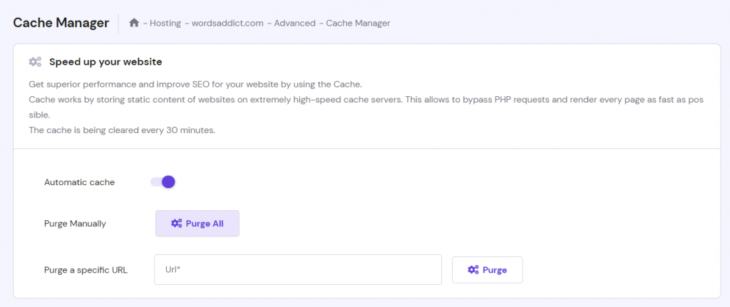 The Cache Manager screen on hPanel
